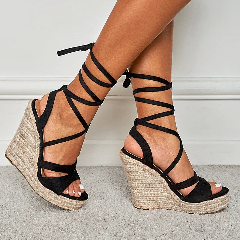 Women's Platform Heeled Sandals with Cross Straps
