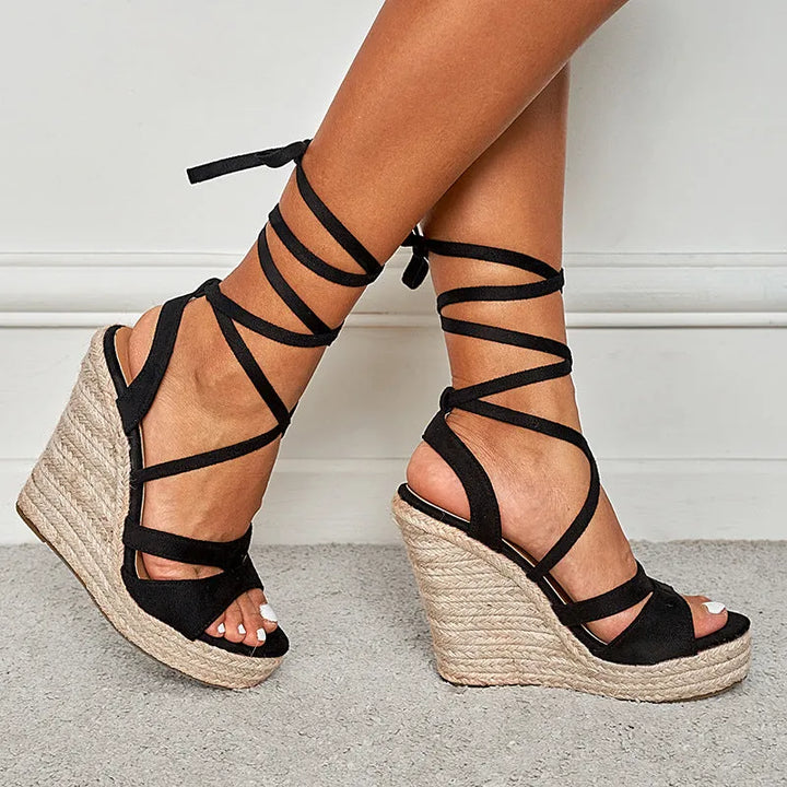 Women's Platform Heeled Sandals with Cross Straps