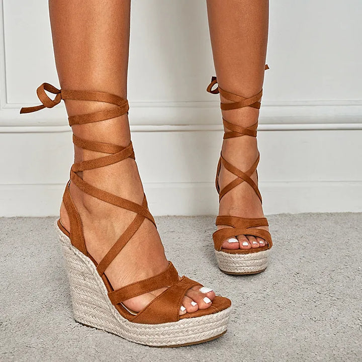 Women's Platform Heeled Sandals with Cross Straps