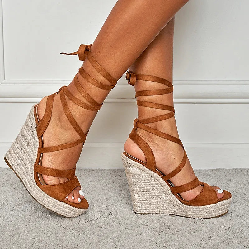 Women's Platform Heeled Sandals with Cross Straps