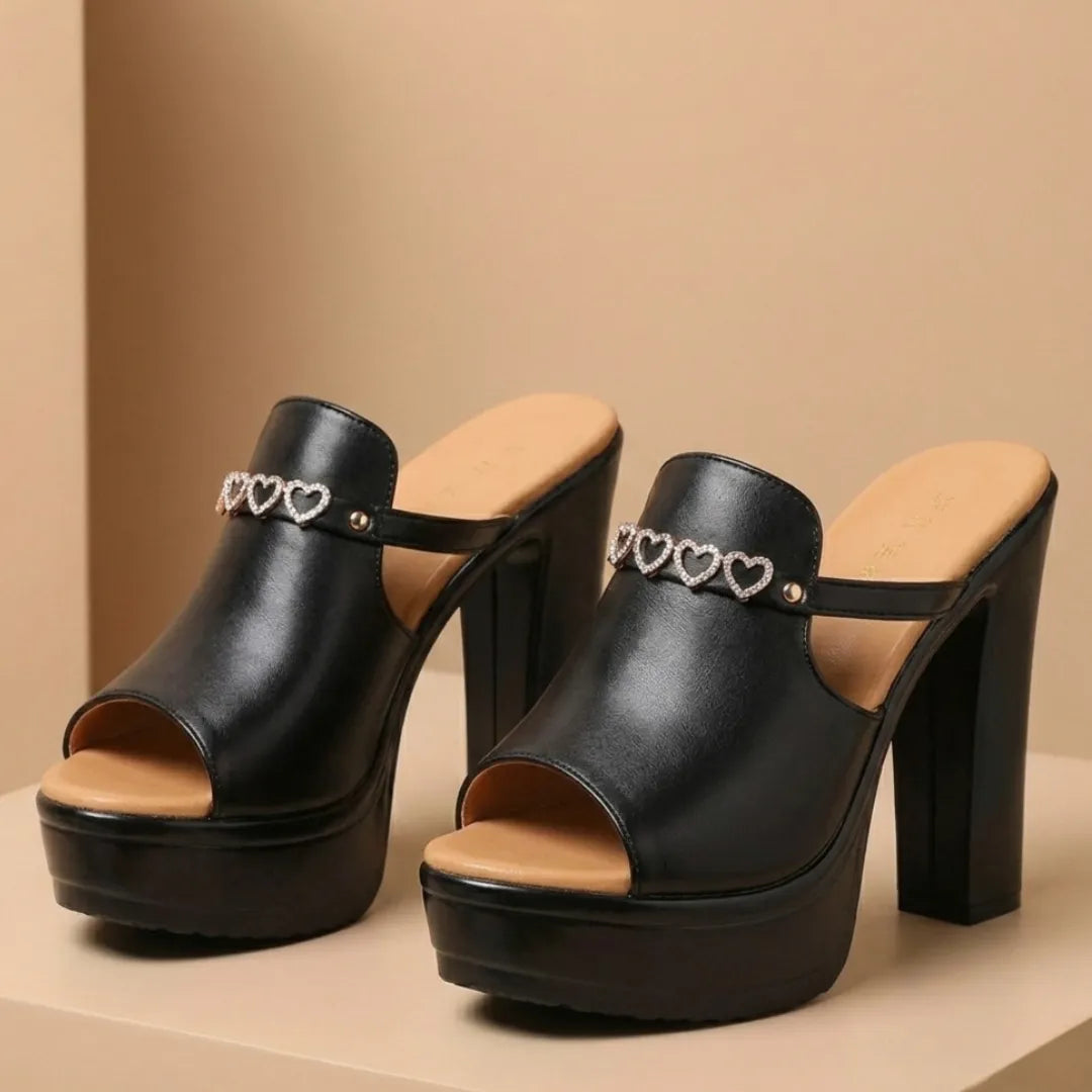 Women's Platform Heeled Sandals with Heart Embellishment