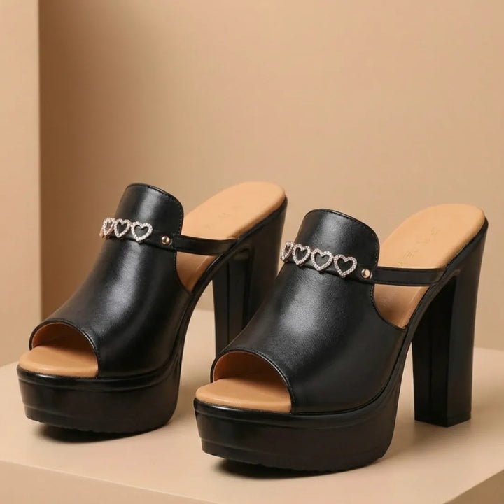 Women's Platform Heeled Sandals with Heart Embellishment