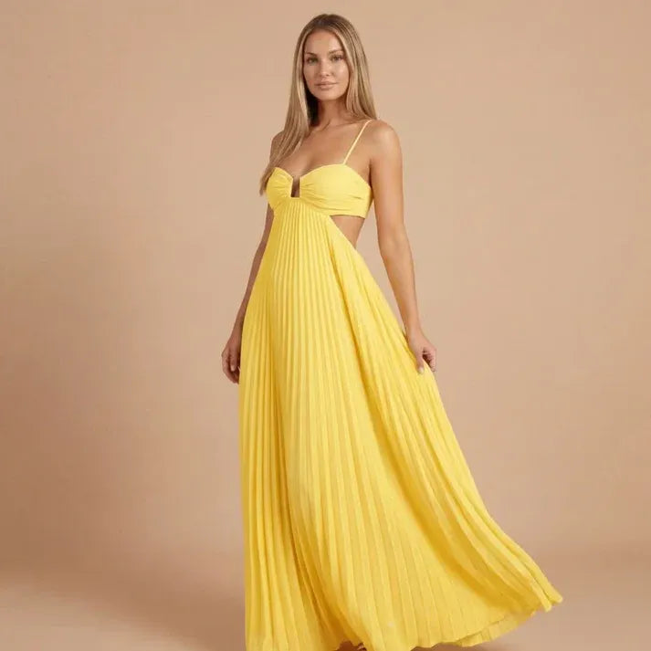 Women's Pleated Elegant Maxi Dress with Cut Out Side Panels