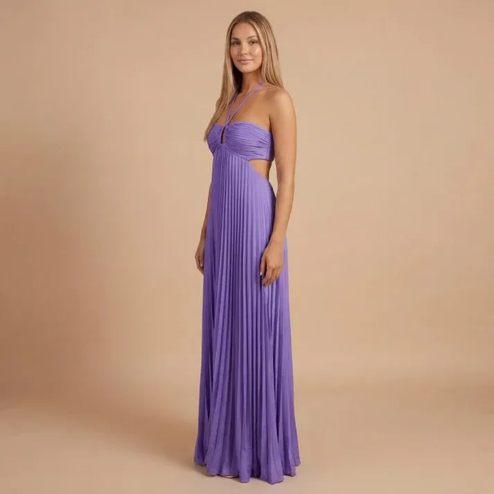 Women's Pleated Elegant Maxi Dress with Cut Out Side Panels