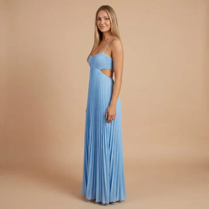 Women's Pleated Elegant Maxi Dress with Cut Out Side Panels