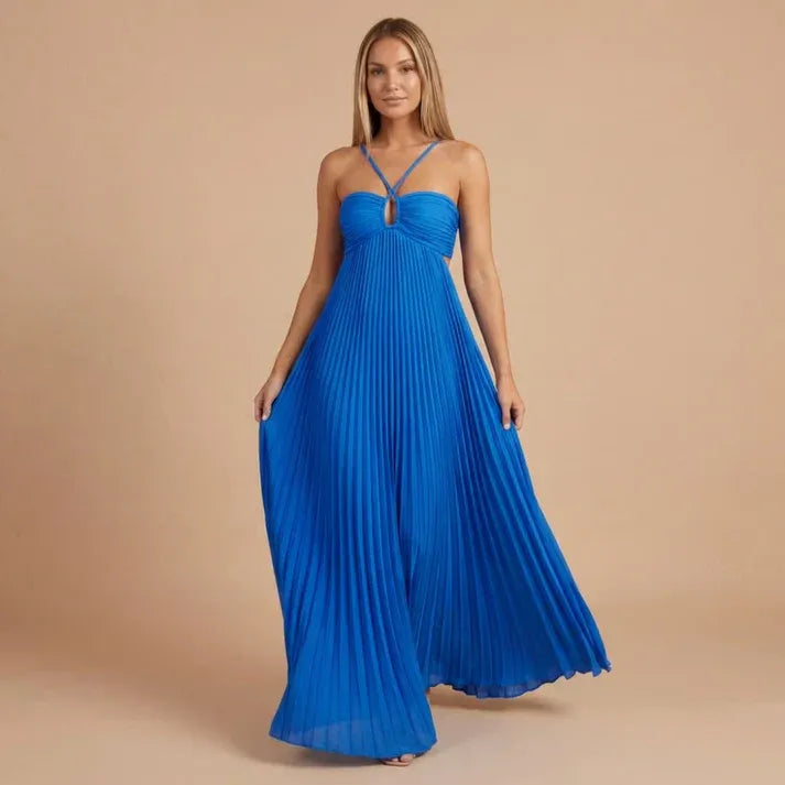Women's Pleated Elegant Maxi Dress with Cut Out Side Panels