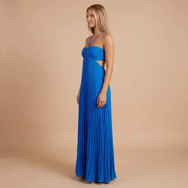 Women's Pleated Elegant Maxi Dress with Cut Out Side Panels
