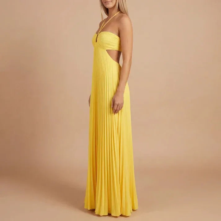 Women's Pleated Elegant Maxi Dress with Cut Out Side Panels