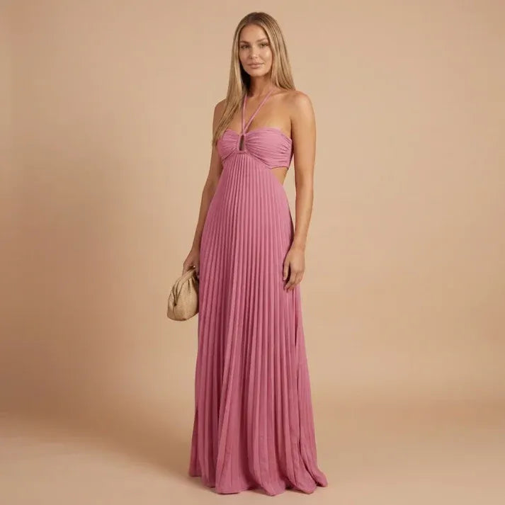Women's Pleated Elegant Maxi Dress with Cut Out Side Panels