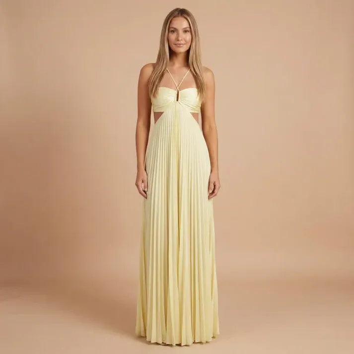 Women's Pleated Elegant Maxi Dress with Cut Out Side Panels