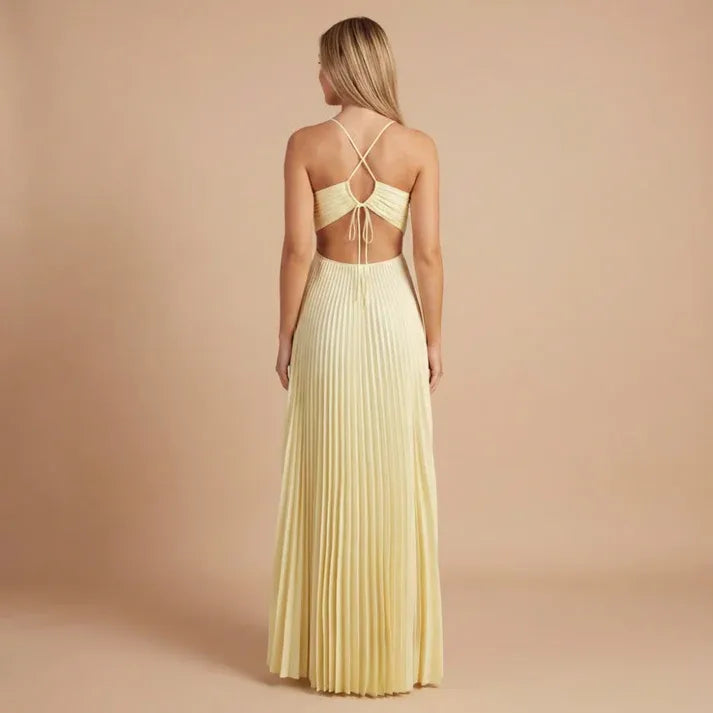 Women's Pleated Elegant Maxi Dress with Cut Out Side Panels