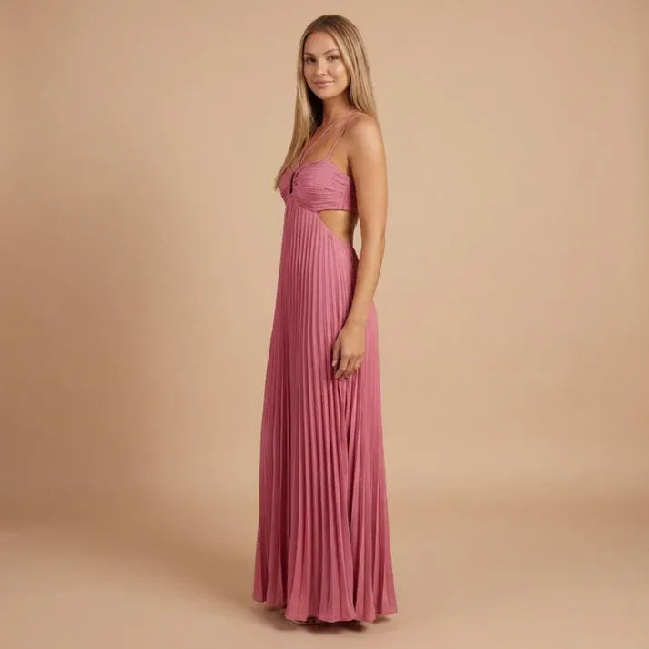 Women's Pleated Elegant Maxi Dress with Cut Out Side Panels