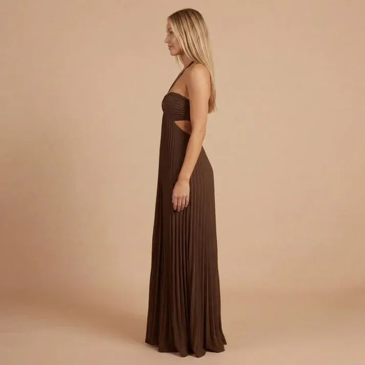 Women's Pleated Elegant Maxi Dress with Cut Out Side Panels