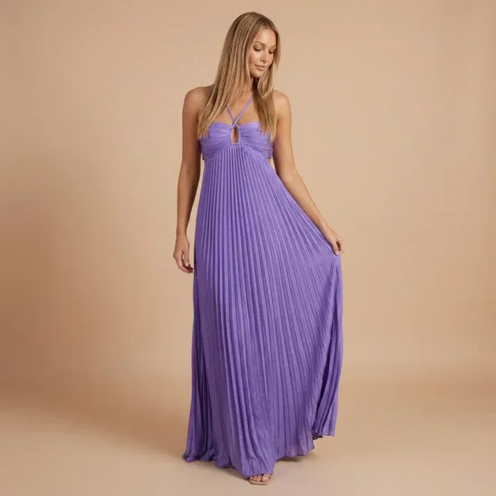 Women's Pleated Elegant Maxi Dress with Cut Out Side Panels