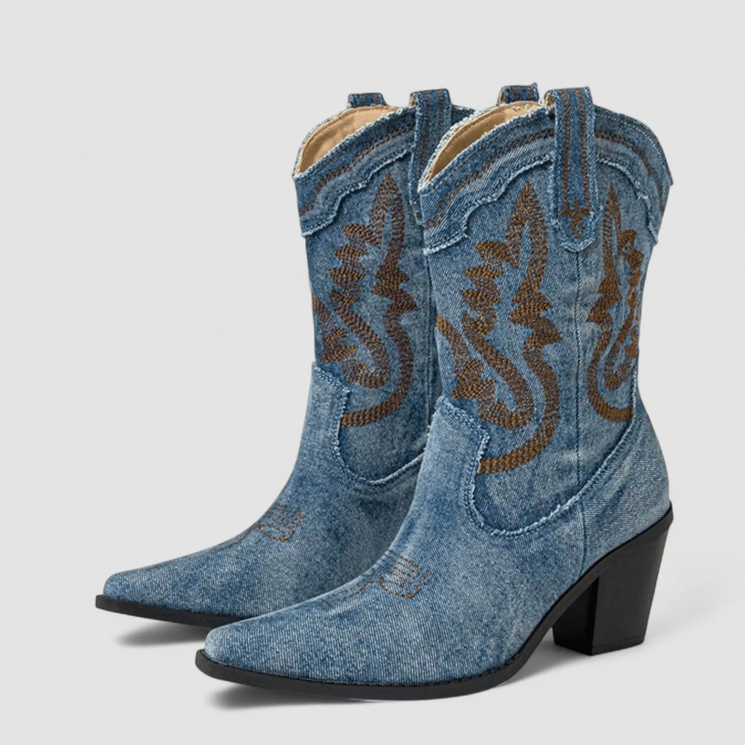 Women's Wide Fit Ankle Denim Cowboy Boots with Non Slip Sole