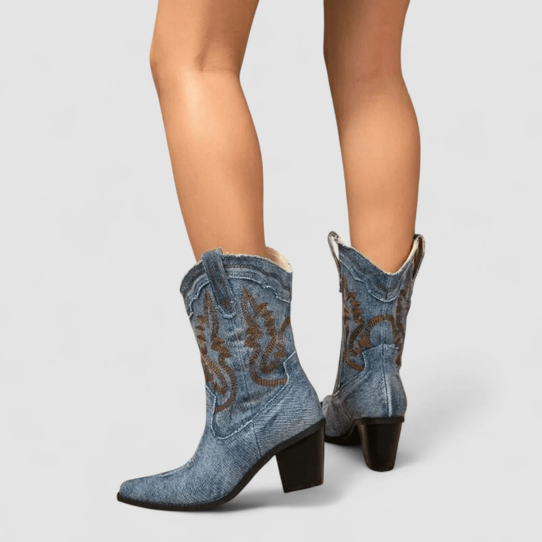 Women's Wide Fit Ankle Denim Cowboy Boots with Non Slip Sole