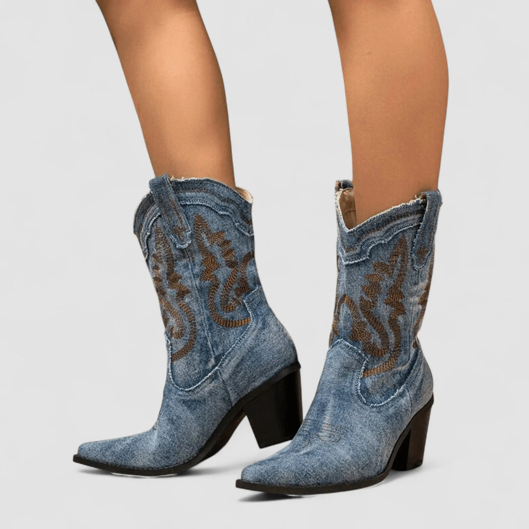 Women's Wide Fit Ankle Denim Cowboy Boots with Non Slip Sole