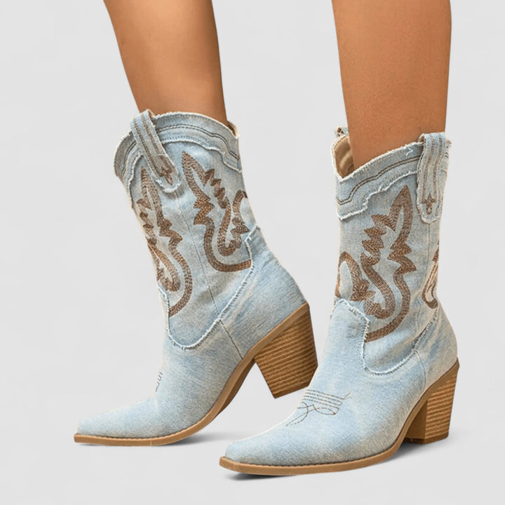 Women's Wide Fit Ankle Denim Cowboy Boots with Non Slip Sole