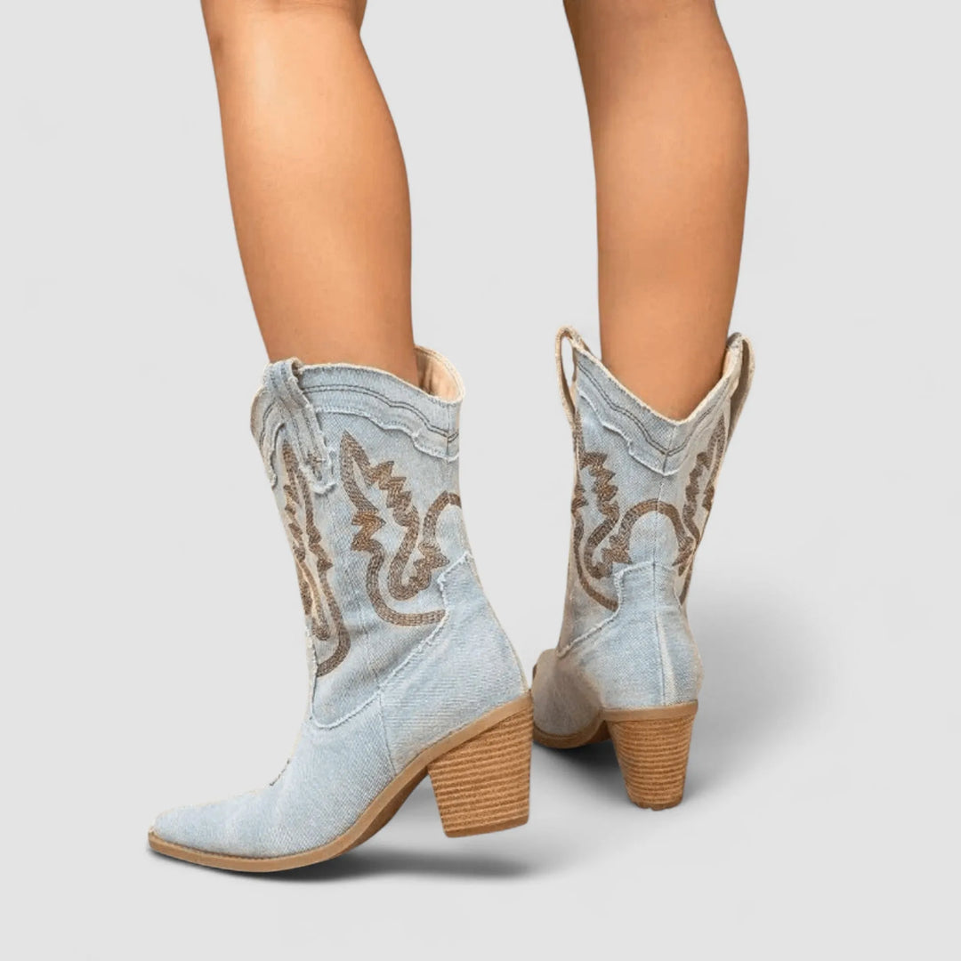 Women's Wide Fit Ankle Denim Cowboy Boots with Non Slip Sole