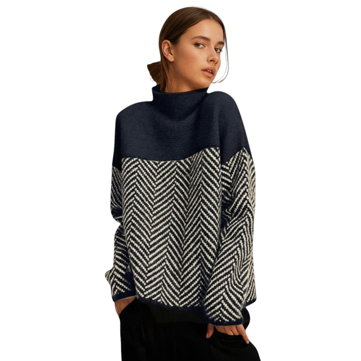 Women's Colour-Block Roll Neck Jumper with Chevron Pattern