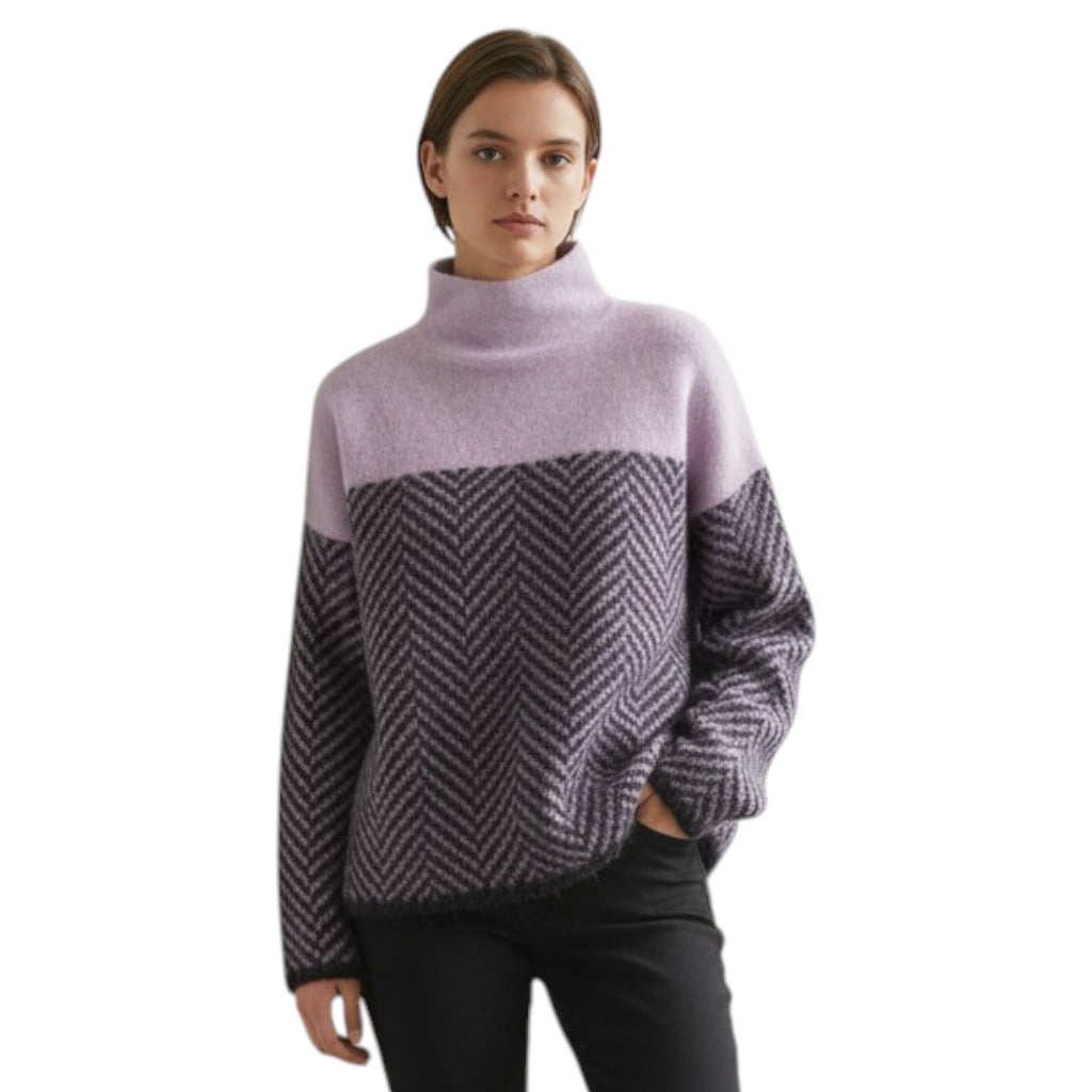 Women's Colour-Block Roll Neck Jumper with Chevron Pattern