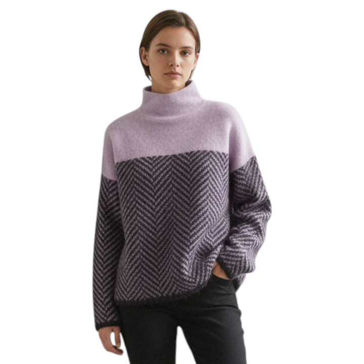 Women's Colour-Block Roll Neck Jumper with Chevron Pattern
