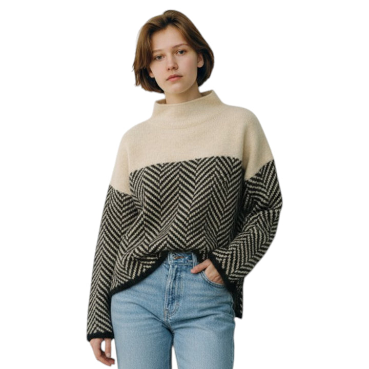 Women's Colour-Block Roll Neck Jumper with Chevron Pattern