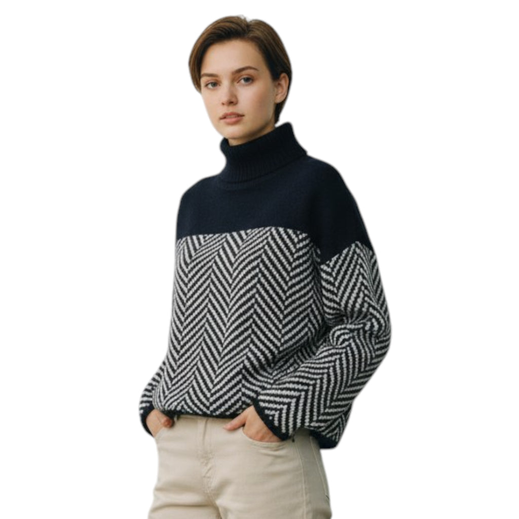 Women's Colour-Block Roll Neck Jumper with Chevron Pattern