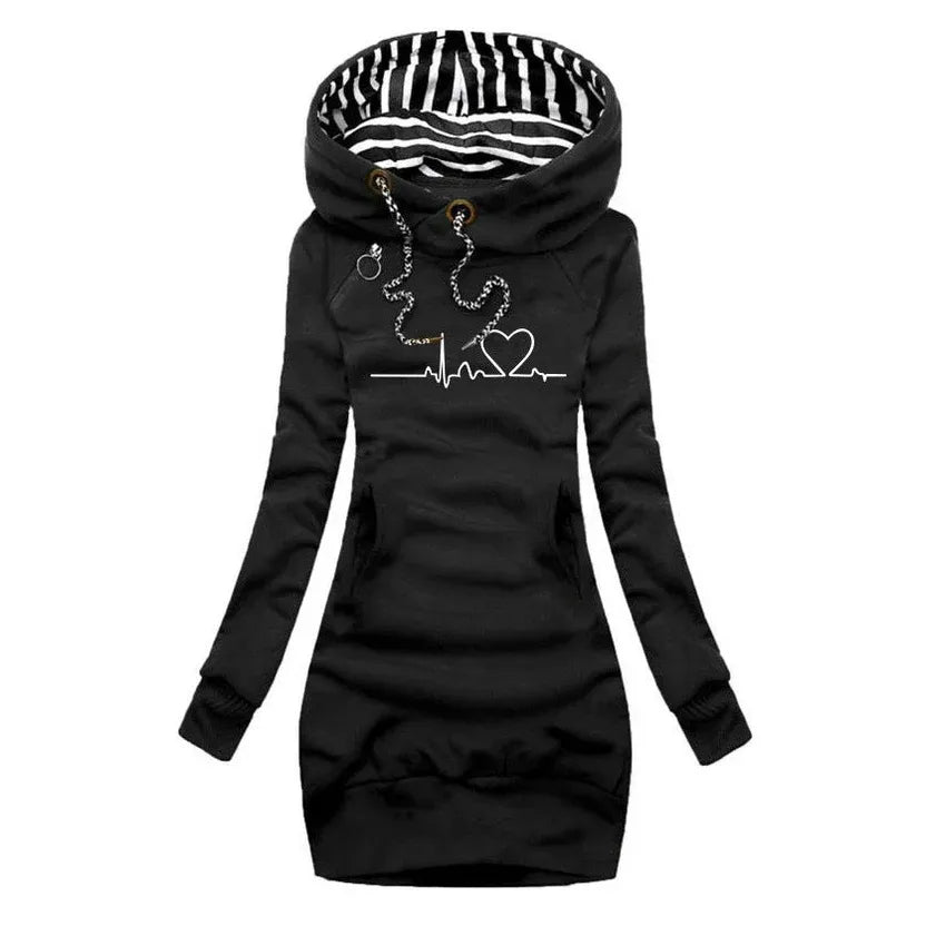 Women's Longline Hoodie with Ribbed Cuffs and Side Pockets