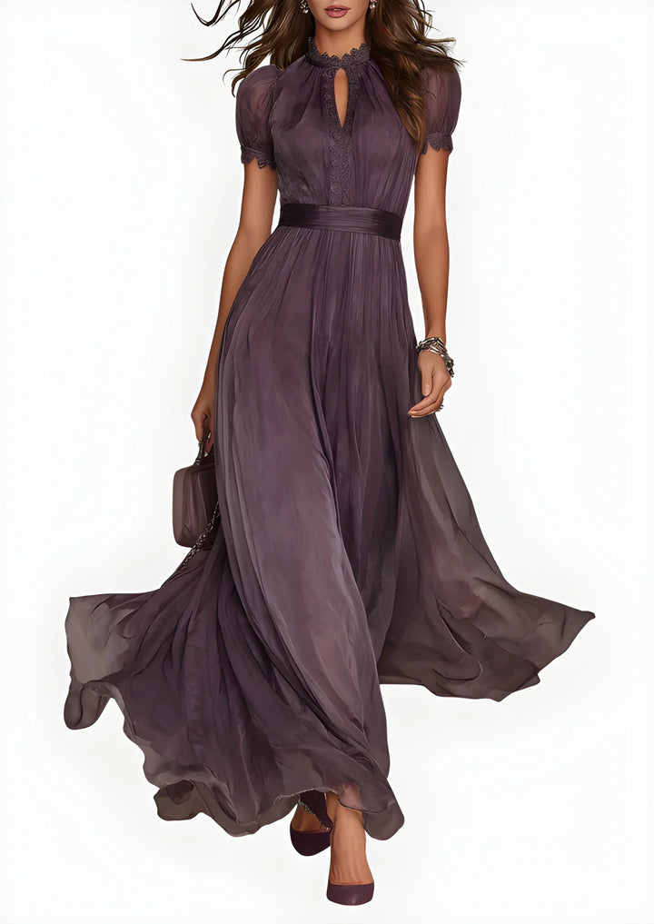 Women's Stunning Elegant Maxi Dress with Keyhole Neckline and Layered Skirt