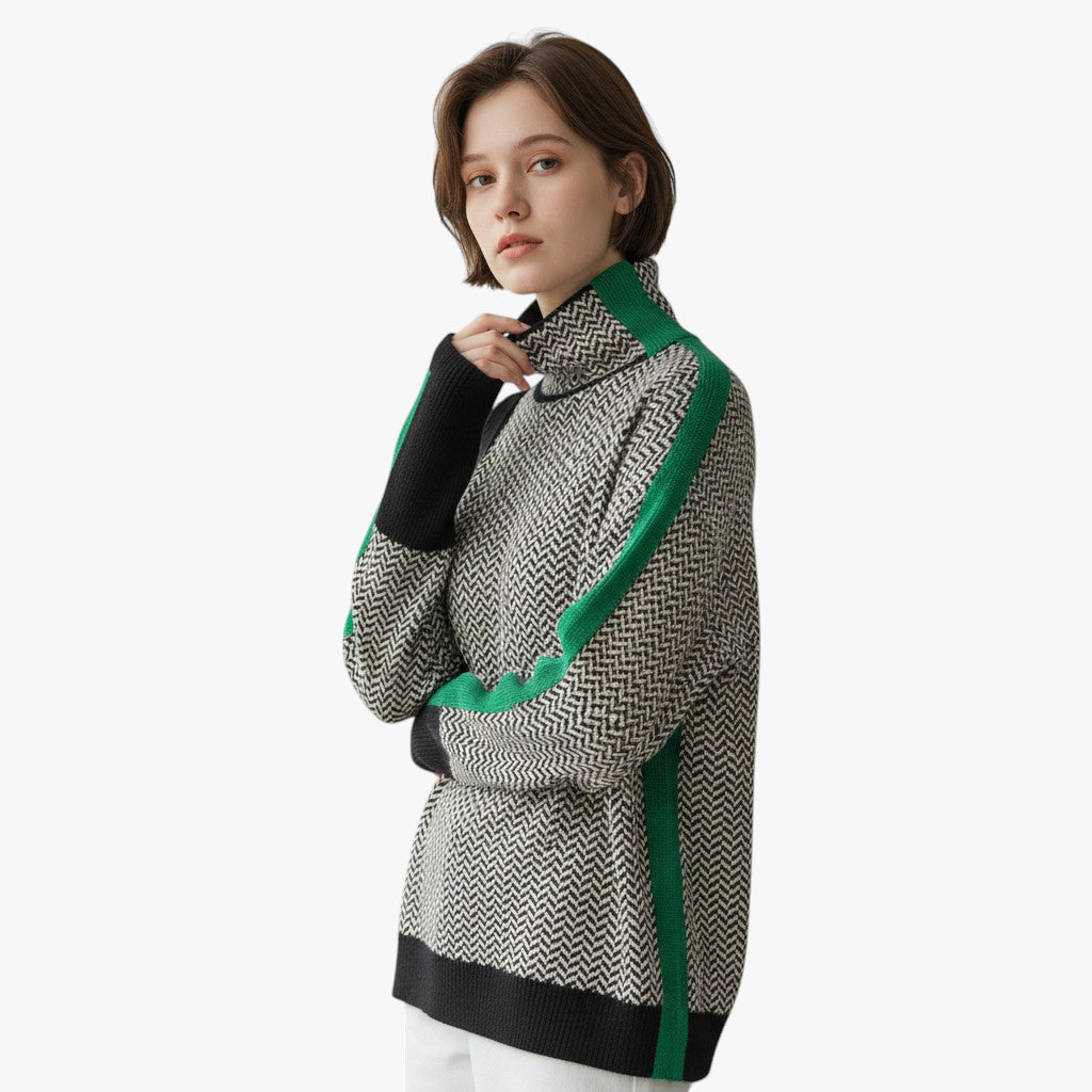 Women's Patterned Roll Neck Jumper with Contrast Sleeve Detail