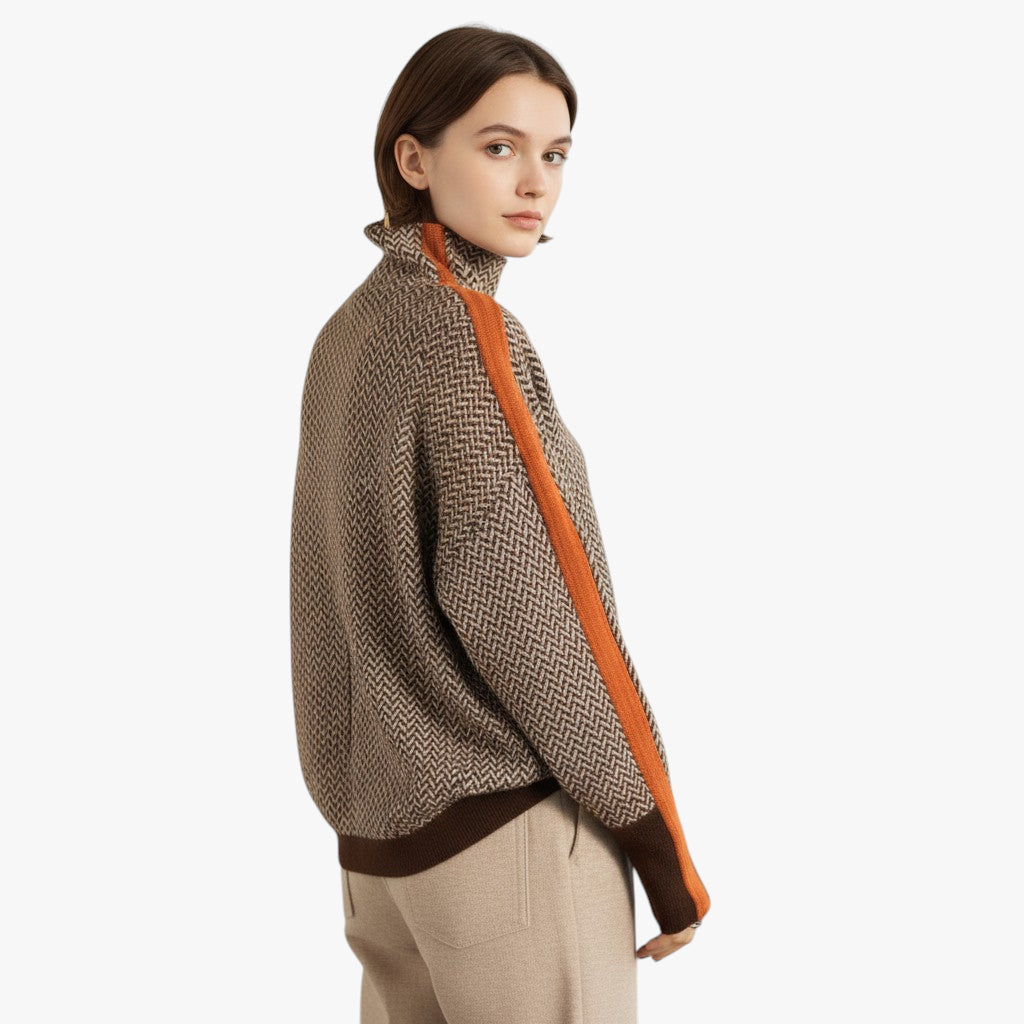 Women's Patterned Roll Neck Jumper with Contrast Sleeve Detail