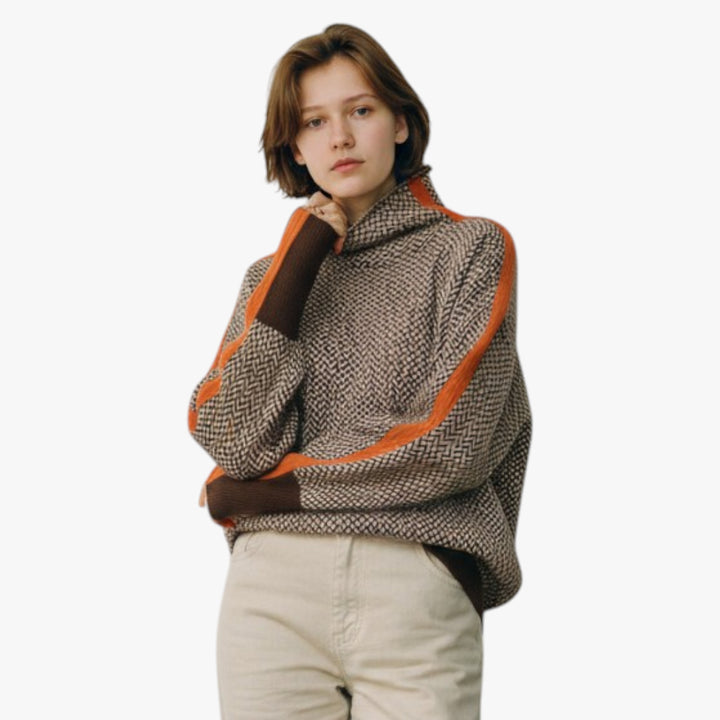 Women's Patterned Roll Neck Jumper with Contrast Sleeve Detail