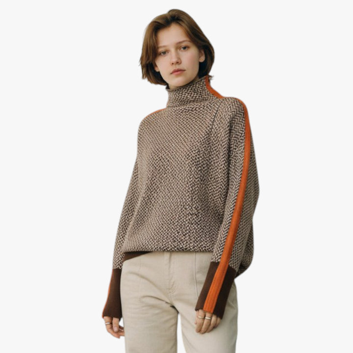 Women's Patterned Roll Neck Jumper with Contrast Sleeve Detail