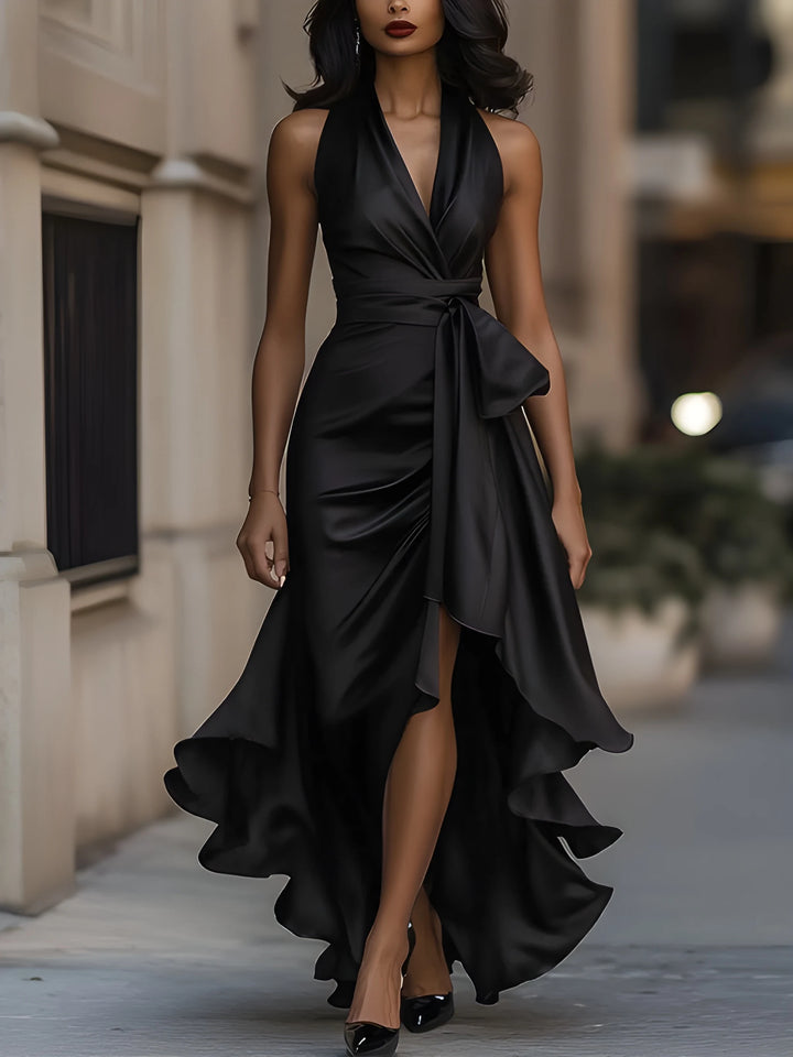 Women's Evening Party Wrap Maxi Dress with Side Split and Ruffle Trim