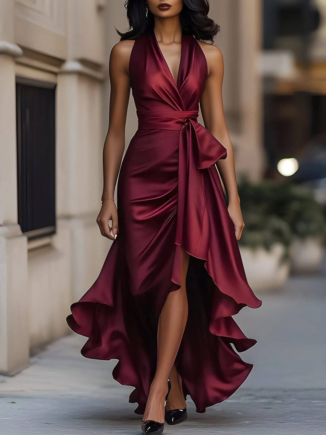 Women's Evening Party Wrap Maxi Dress with Side Split and Ruffle Trim