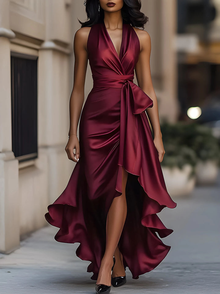 Women's Evening Party Wrap Maxi Dress with Side Split and Ruffle Trim