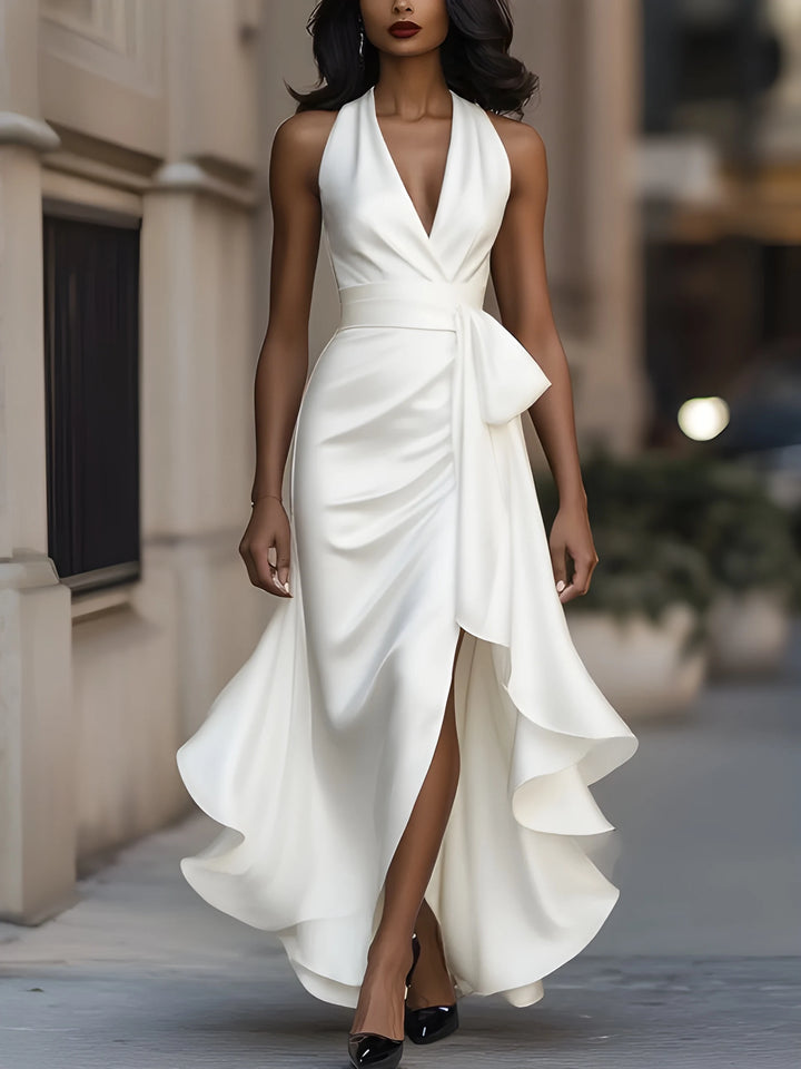 Women's Evening Party Wrap Maxi Dress with Side Split and Ruffle Trim