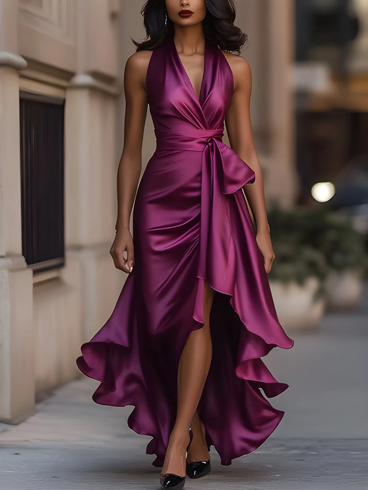 Women's Evening Party Wrap Maxi Dress with Side Split and Ruffle Trim