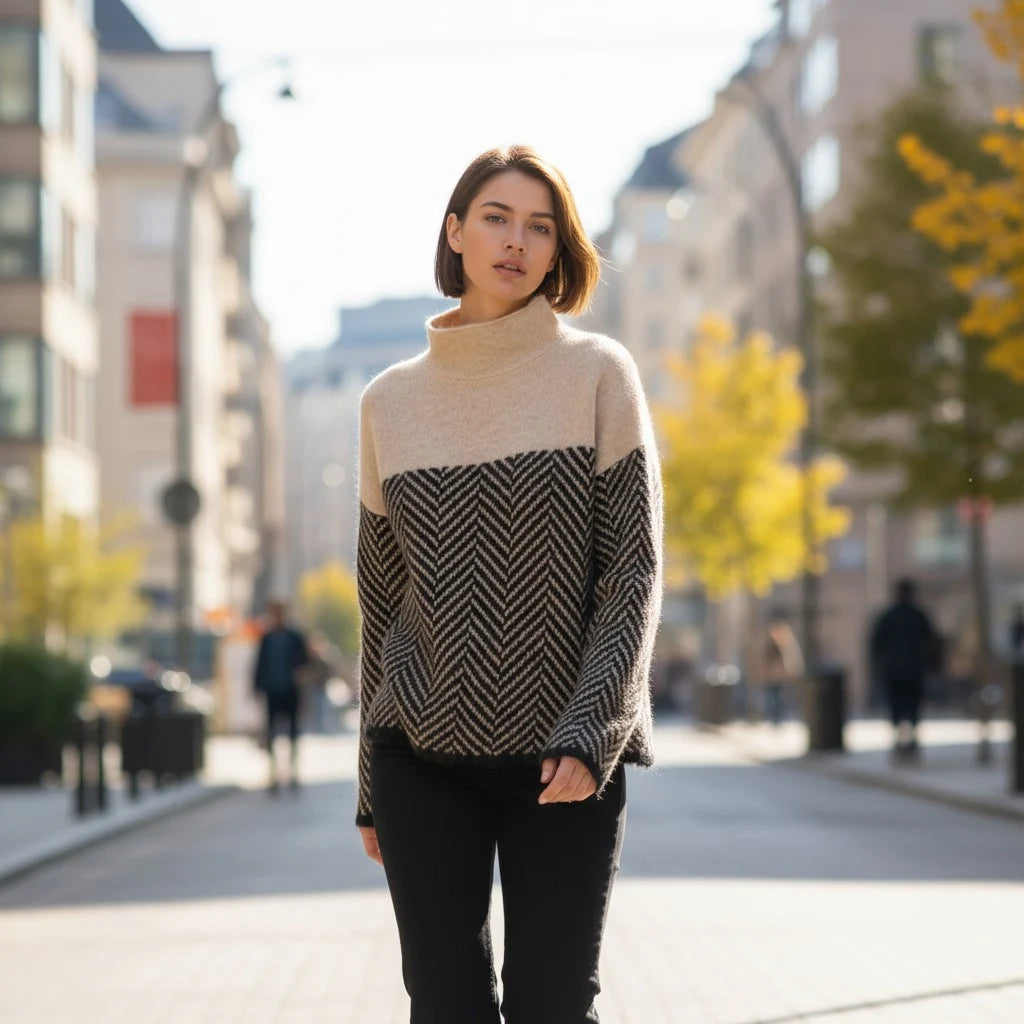 Woman wearing a patterned sweater standing on a city street