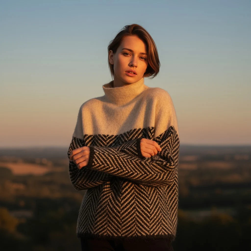 Woman wearing a patterned sweater standing against a scenic background