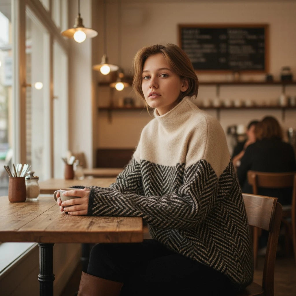 Woman sitting at a table in a cozy cafe holding a mug.