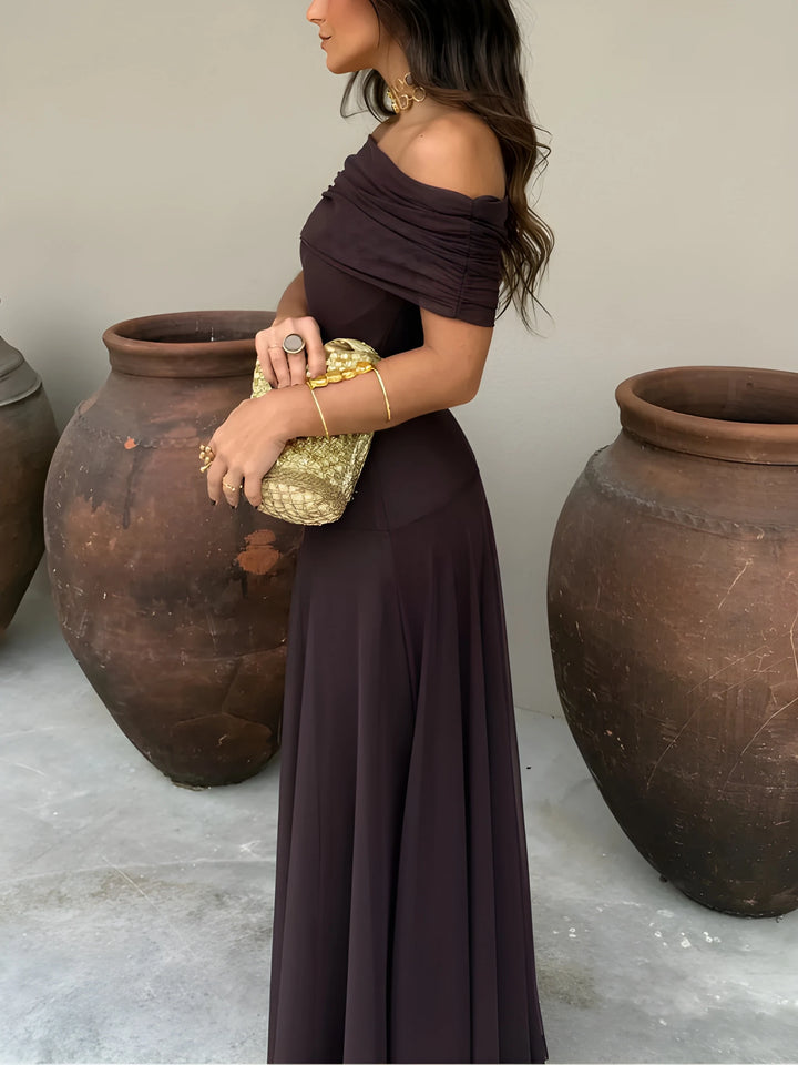 Women's Stunning Elegant Maxi Dress with Off Shoulder Neckline and Gathered Bodice