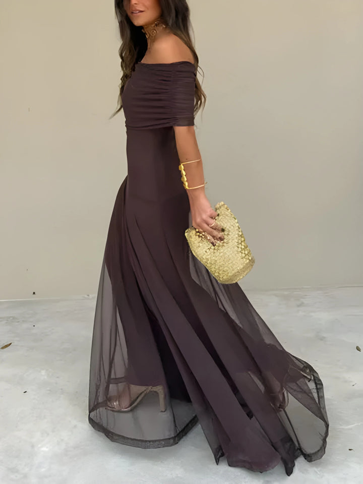 Women's Stunning Elegant Maxi Dress with Off Shoulder Neckline and Gathered Bodice