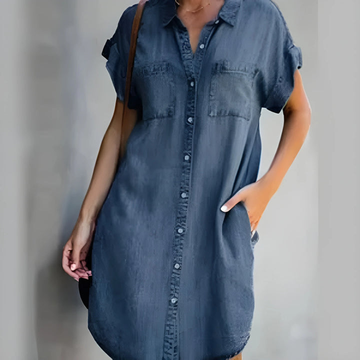Women's Modest Smock Denim Midi Dress with Patch Pockets and Button Front