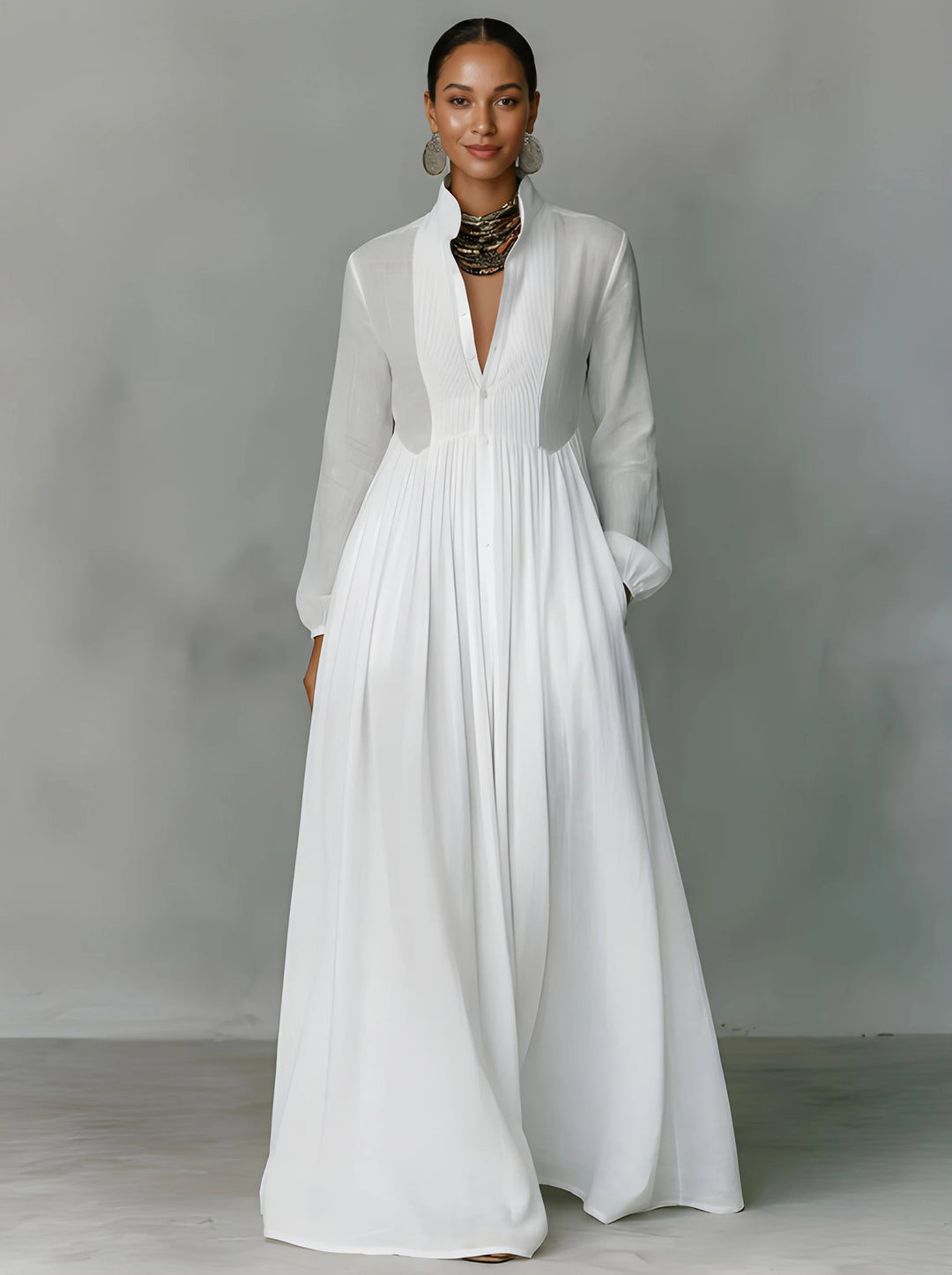 Women's Elegant Maxi Dress with Stand Collar and Long Sleeves