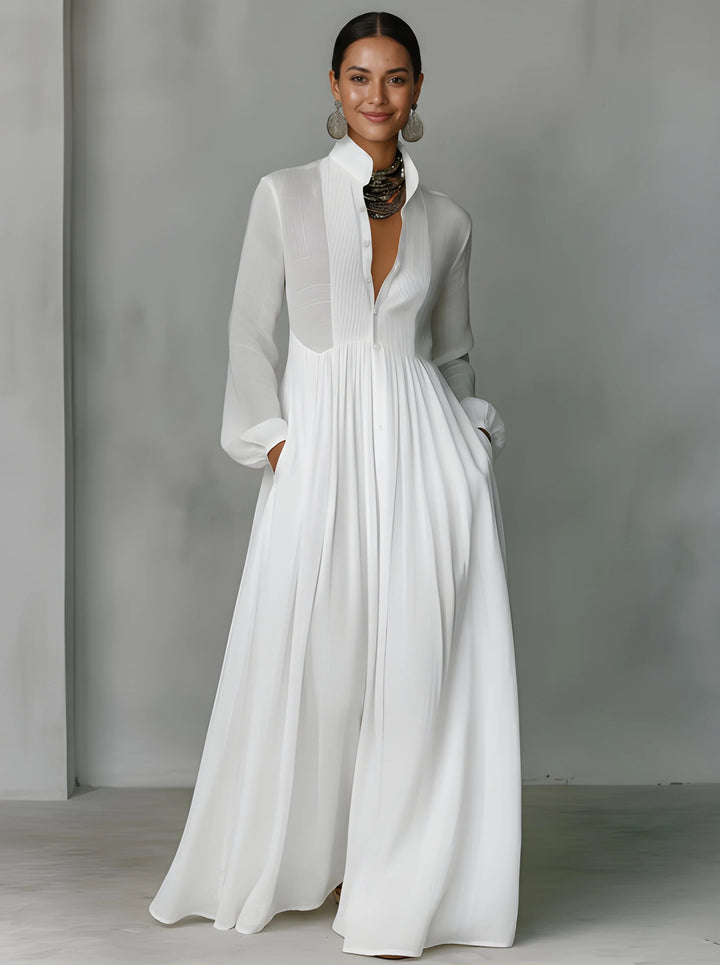 Women's Elegant Maxi Dress with Stand Collar and Long Sleeves