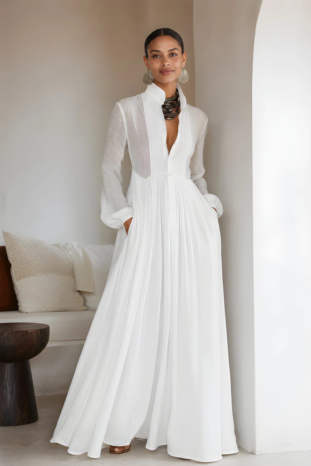 Women's Elegant Maxi Dress with Stand Collar and Long Sleeves