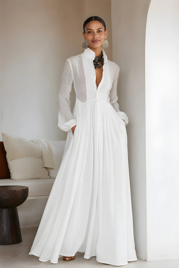Women's Elegant Maxi Dress with Stand Collar and Long Sleeves
