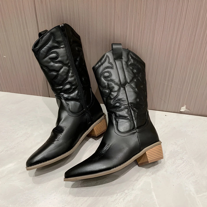 Women's Comfy Block Heel Cowboy Boots with Side Zip